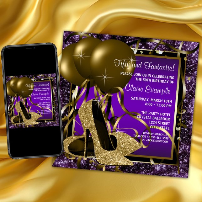 Purple and Gold High Heels Womans Birthday Party Invitation (Womans purple gold high heel shoe birthday party invitation. Purple and gold any number birthday.)