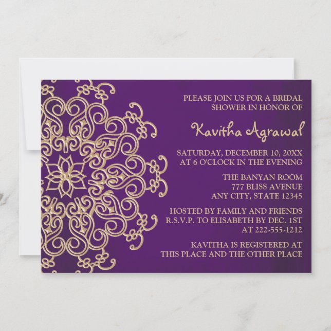 Purple and Gold Indian Inspired Bridal Shower Invitation (Front)