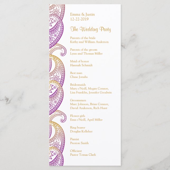 Purple and Gold Indian Paisley Rackcard Program (Front)