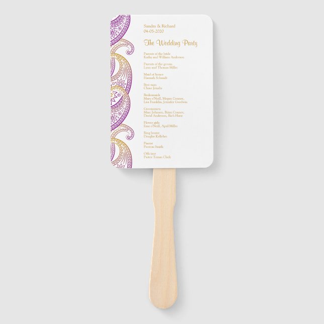 Purple and Gold Indian Paisley Wedding Program Hand Fan (Front)