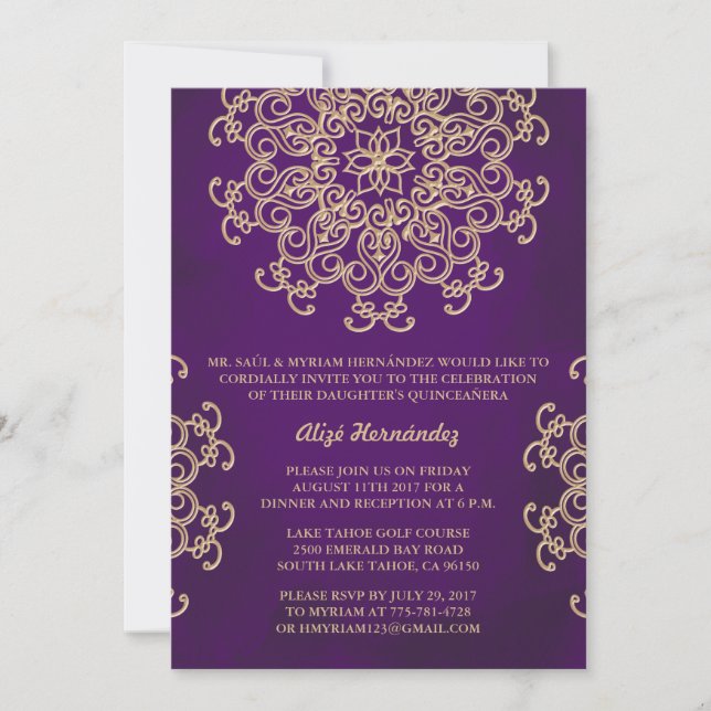 PURPLE AND GOLD INDIAN STYLE QUINCE INVITATION (Front)