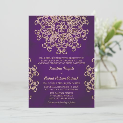 PURPLE AND GOLD INDIAN STYLE WEDDING INVITATION | Zazzle