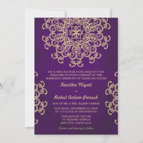 PURPLE AND GOLD INDIAN STYLE WEDDING INVITATION