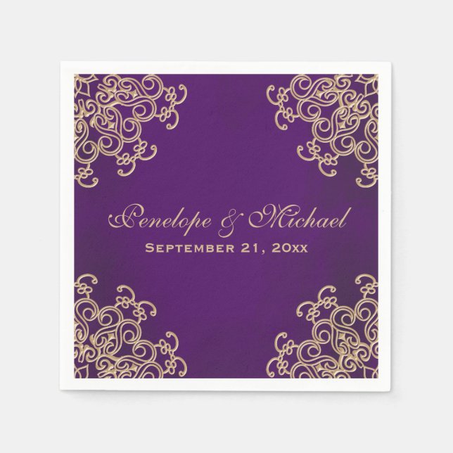 Purple and Gold Indian Style Wedding Paper Napkins (Front)