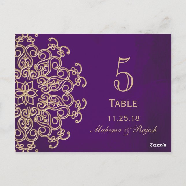 PURPLE AND GOLD INDIAN WEDDING TABLE NUMBER CARD (Back)