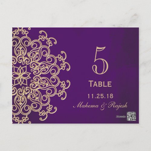 PURPLE AND GOLD INDIAN WEDDING TABLE NUMBER CARD