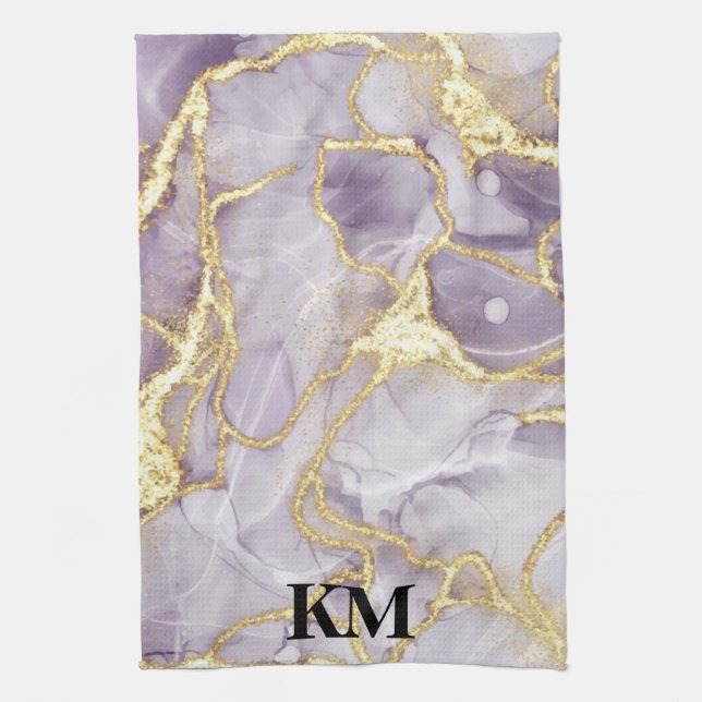 Purple and Gold Ink Marble Monogrammed Kitchen Towel (Vertical)