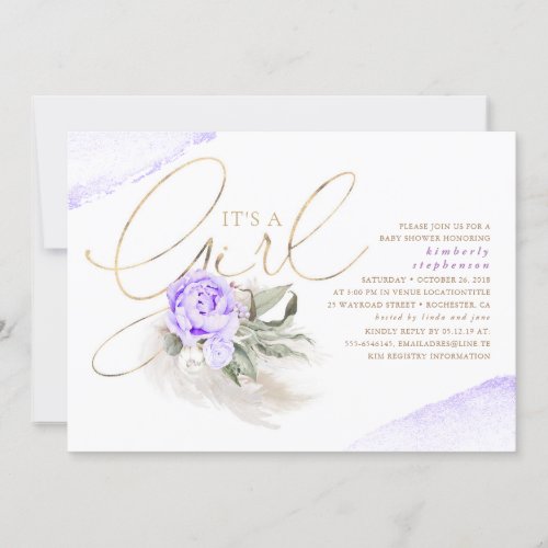 Purple and Gold Its A Girl Floral Boho Baby Shower Invitation