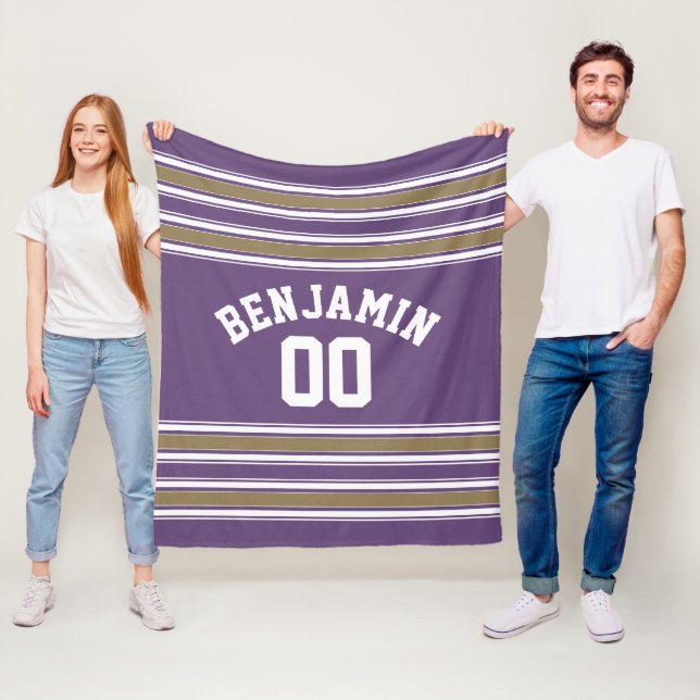 Purple and Gold Jersey Stripes Custom Name Number Fleece Blanket (In Situ)