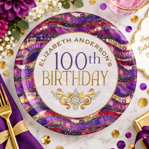 Purple and Gold Jeweled Strata 100th Birthday Paper Plates