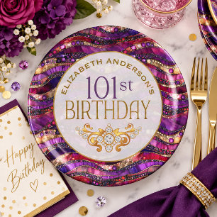 Purple and Gold Jeweled Strata 101st Birthday Paper Plates