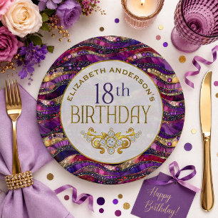 Purple and Gold Jeweled Strata 18th Birthday Paper Plates