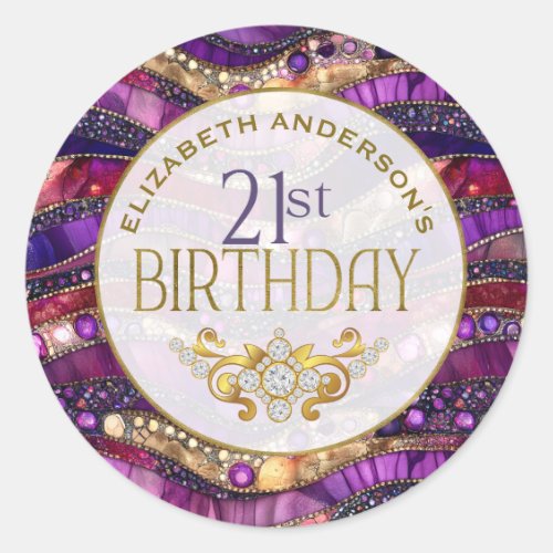 Purple and Gold Jeweled Strata 21st Birthday Classic Round Sticker
