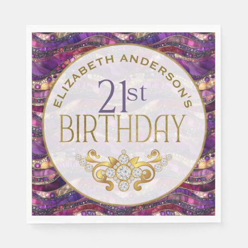 Purple and Gold Jeweled Strata 21st Birthday Napkins