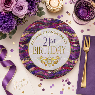 Purple and Gold Jeweled Strata 21st Birthday Paper Plates