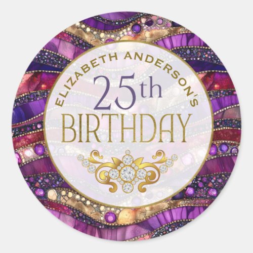 Purple and Gold Jeweled Strata 25th Birthday Classic Round Sticker