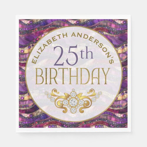 Purple and Gold Jeweled Strata 25th Birthday Napkins