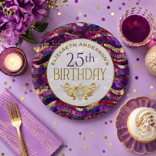 Purple and Gold Jeweled Strata 25th Birthday Paper Plates