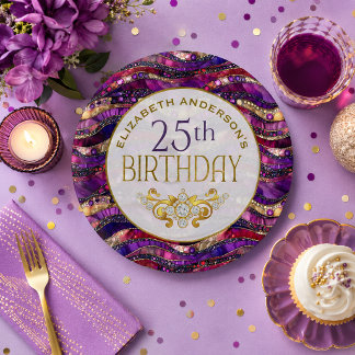Purple and Gold Jeweled Strata 25th Birthday Paper Plates
