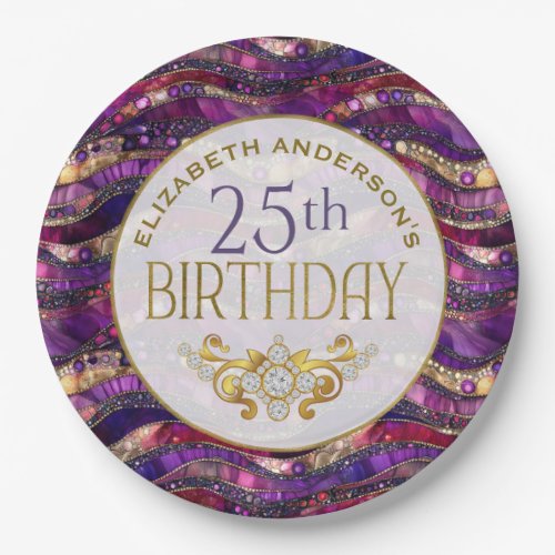 Purple and Gold Jeweled Strata 25th Birthday Paper Plates