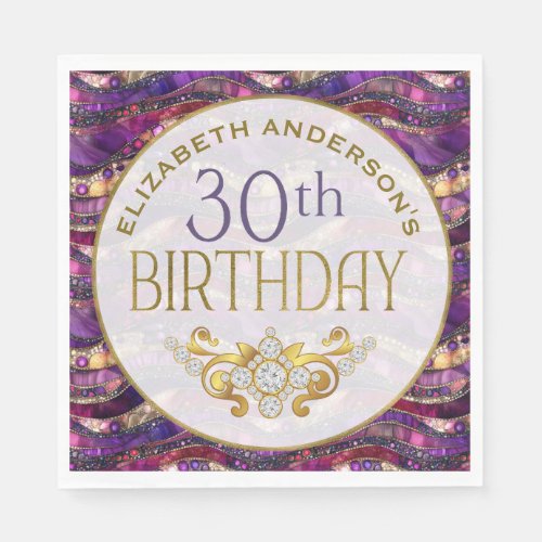Purple and Gold Jeweled Strata 30th Birthday Napkins