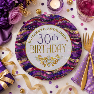 Purple and Gold Jeweled Strata 30th Birthday Paper Plates
