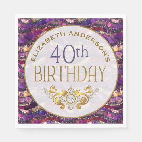 Purple and Gold Jeweled Strata 40th Birthday Napkins