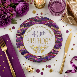 Purple and Gold Jeweled Strata 40th Birthday Paper Plates