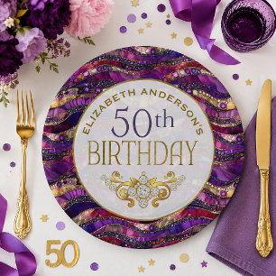 Purple and Gold Jeweled Strata 50th Birthday Paper Plates