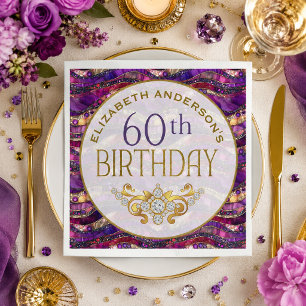 Purple and Gold Jeweled Strata 60th Birthday Napkins