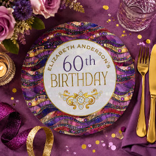 Purple and Gold Jeweled Strata 60th Birthday Paper Plates