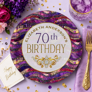 Purple and Gold Jeweled Strata 70th Birthday Paper Plates