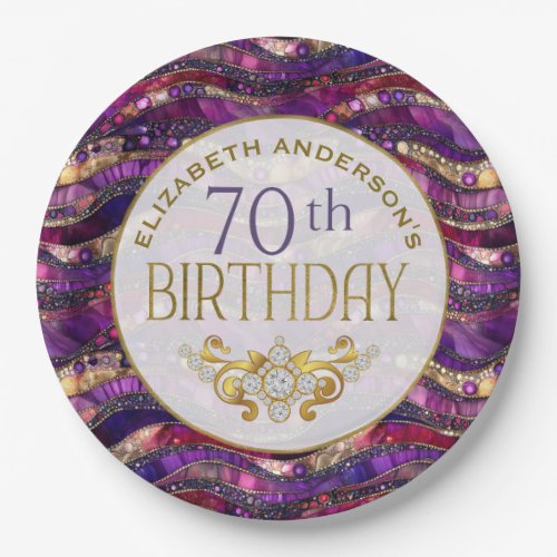 Purple and Gold Jeweled Strata 70th Birthday Paper Plates