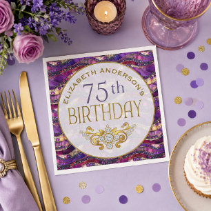 Purple and Gold Jeweled Strata 75th Birthday Napkins