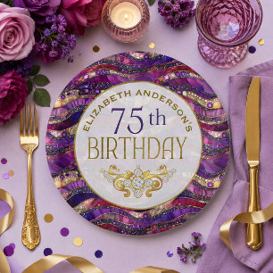 Purple and Gold Jeweled Strata 75th Birthday Paper Plates