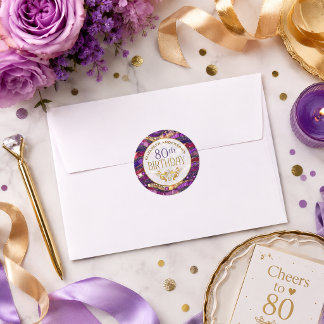Purple and Gold Jeweled Strata 80th Birthday Classic Round Sticker