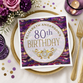 Purple and Gold Jeweled Strata 80th Birthday Napkins
