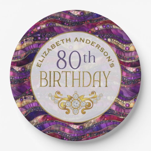Purple and Gold Jeweled Strata 80th Birthday Paper Plates