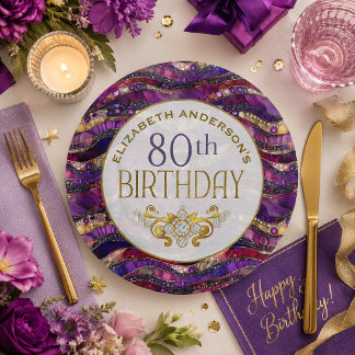 Purple and Gold Jeweled Strata 80th Birthday Paper Plates