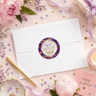 Purple and Gold Jeweled Strata 90th Birthday Classic Round Sticker