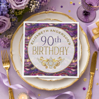 Purple and Gold Jeweled Strata 90th Birthday Napkins