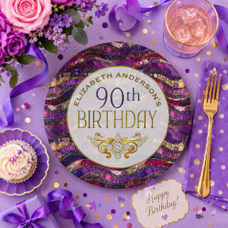 Purple and Gold Jeweled Strata 90th Birthday Paper Plates