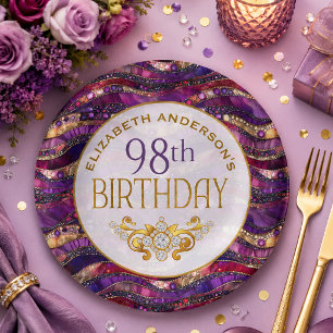 Purple and Gold Jeweled Strata 98th Birthday Paper Plates