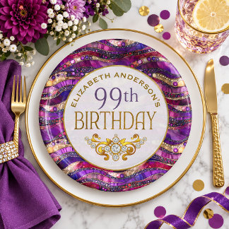 Purple and Gold Jeweled Strata 99th Birthday Paper Plates