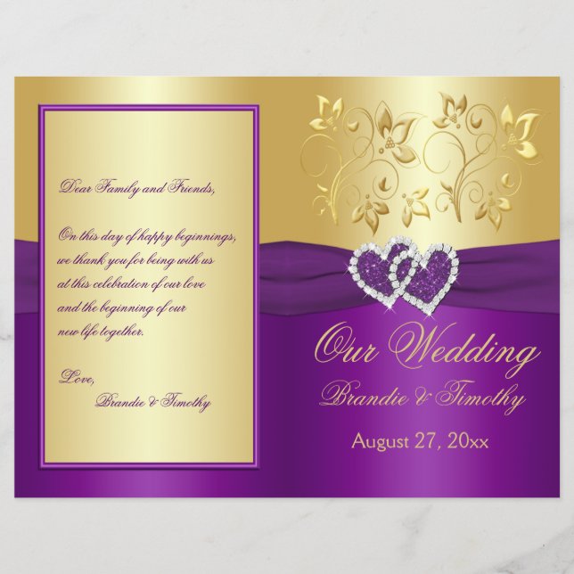 Purple and Gold Joined Hearts Wedding Program (Front)