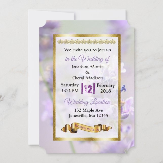 Purple and Gold Lavender Wedding Invitations (Front)