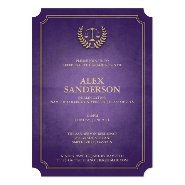 Purple And Gold Law School Graduation Invitation