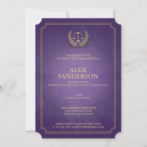 Purple and Gold Law School Graduation Invitation