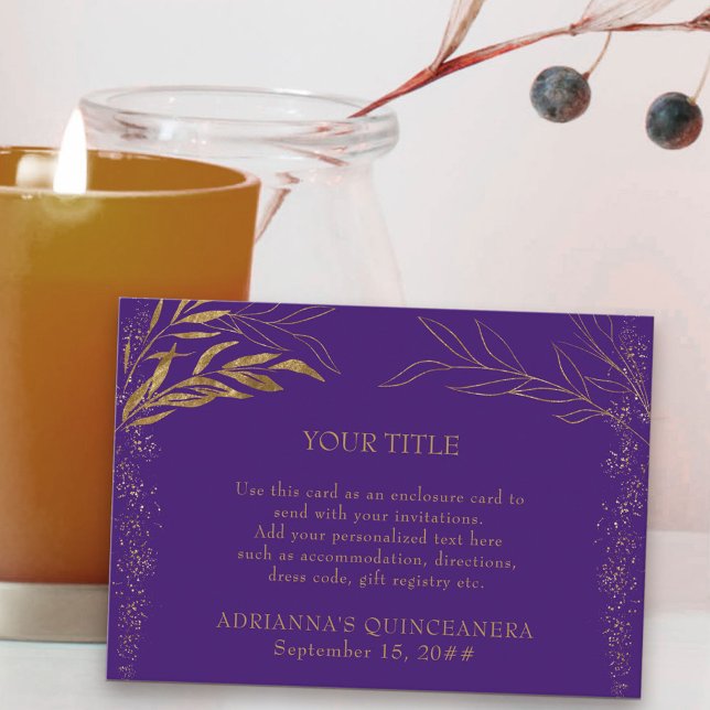 Purple and Gold Leaf Custom Reception Enclosure Card (Reception Card for quinceanera or other event in purple, from my Gold Leaf Collection
)