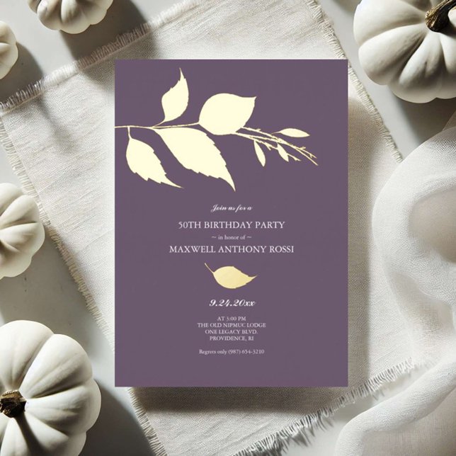 Purple and Gold Leaves 50th Birthday Invitations (50th birthday invitations autumn leaves purple by Victoria Grigaliunas Do Tell A Belle)